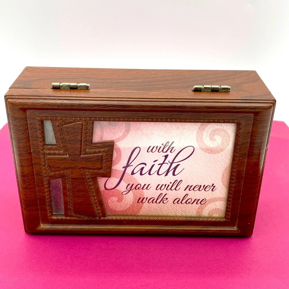 Woodgrain Religious Music Box With Faith You Will Never Walk Alone”
