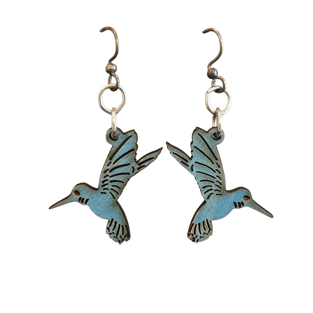 NWT - Handmade Wooden Blue Hummingbird Earrings