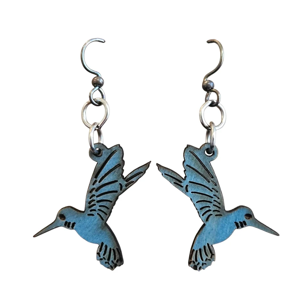 NWT - Handmade Wooden Blue Hummingbird Earrings