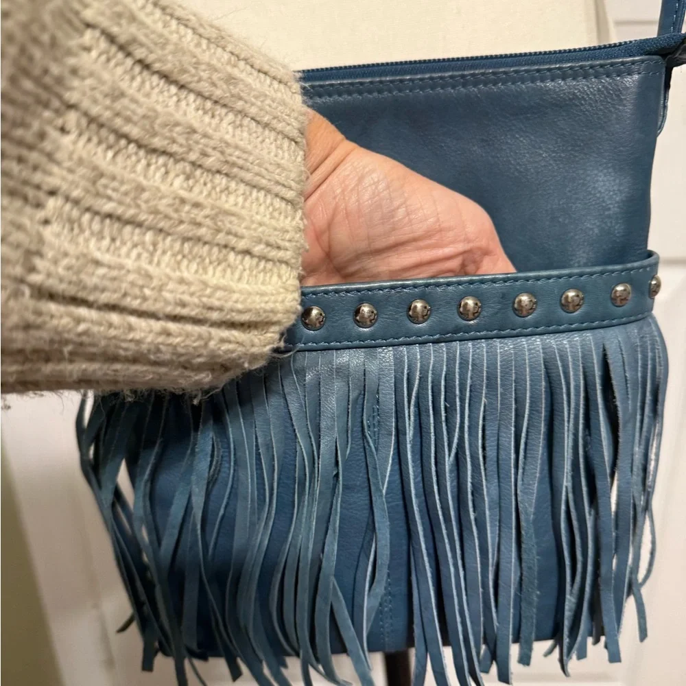 Turquoise Blue Fringe Crossbody Bag Genuine Leather