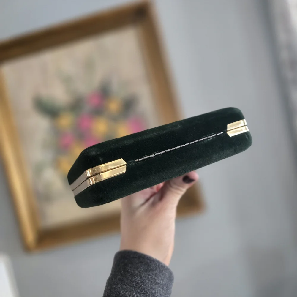 Green Velvet Hinged Travel Jewelry Box With Mirror