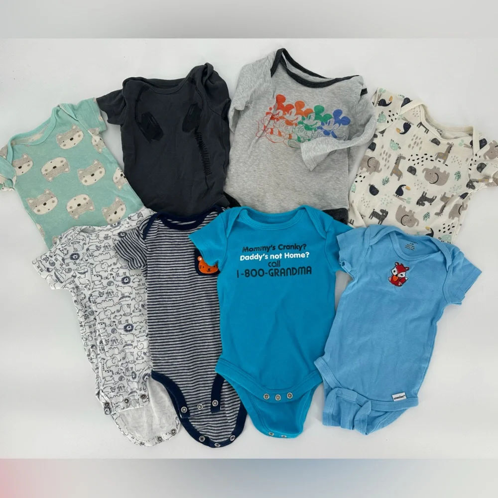 Lot of 8 Baby Boy Bodysuits 0-3 Month Blue Gray Mickey Infant Onesie