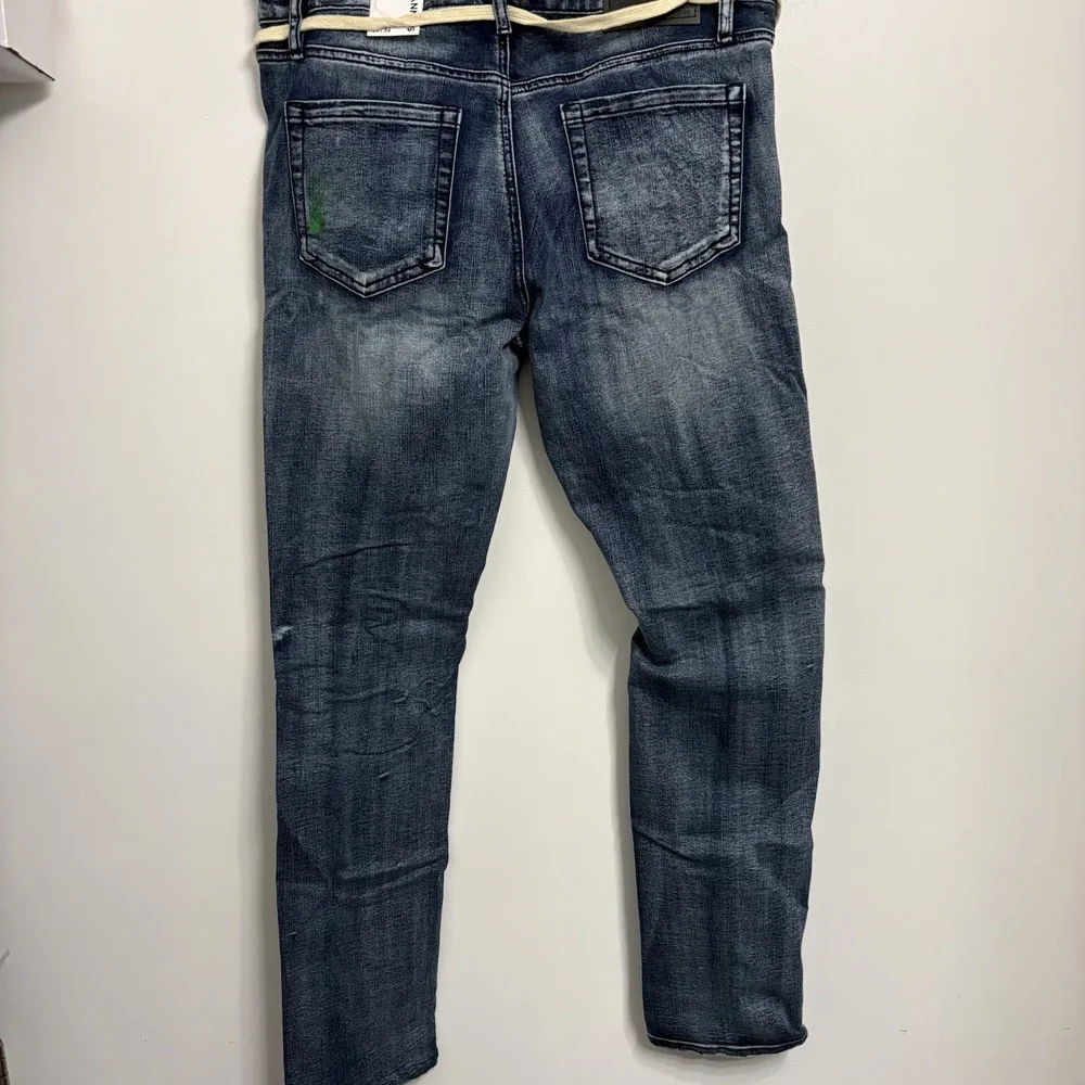 Rue 21 Premium Men's 30X32 Jeans Blue Design Patch Distressed Skinny Fit Denim