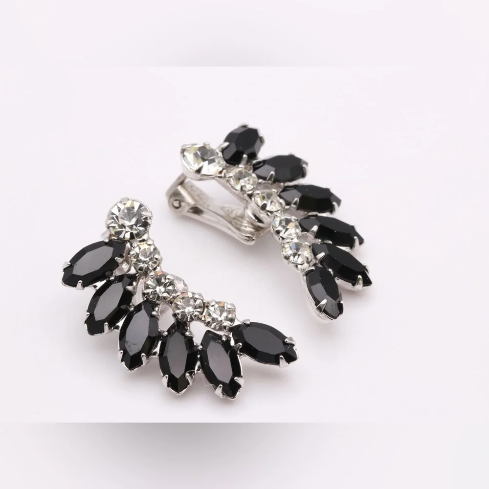 Vintage B David Black Rhinestone Clip Earrings Old Hollywood Glam