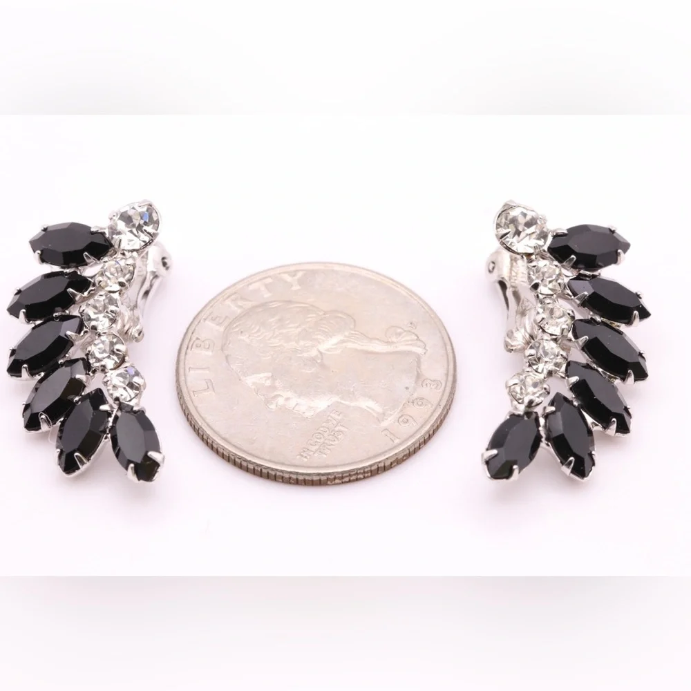 Vintage B David Black Rhinestone Clip Earrings Old Hollywood Glam