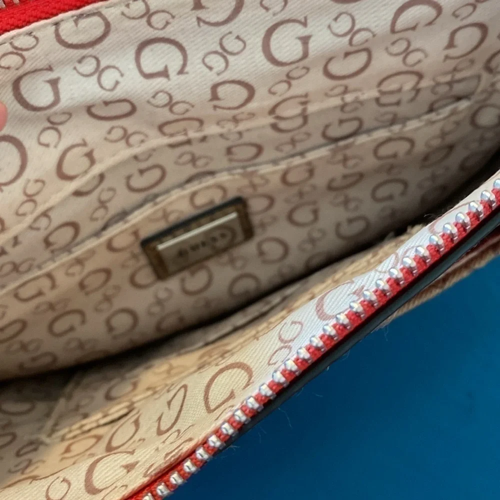 Guess red tan cross body bling two pocket zip up purse adjustable strap