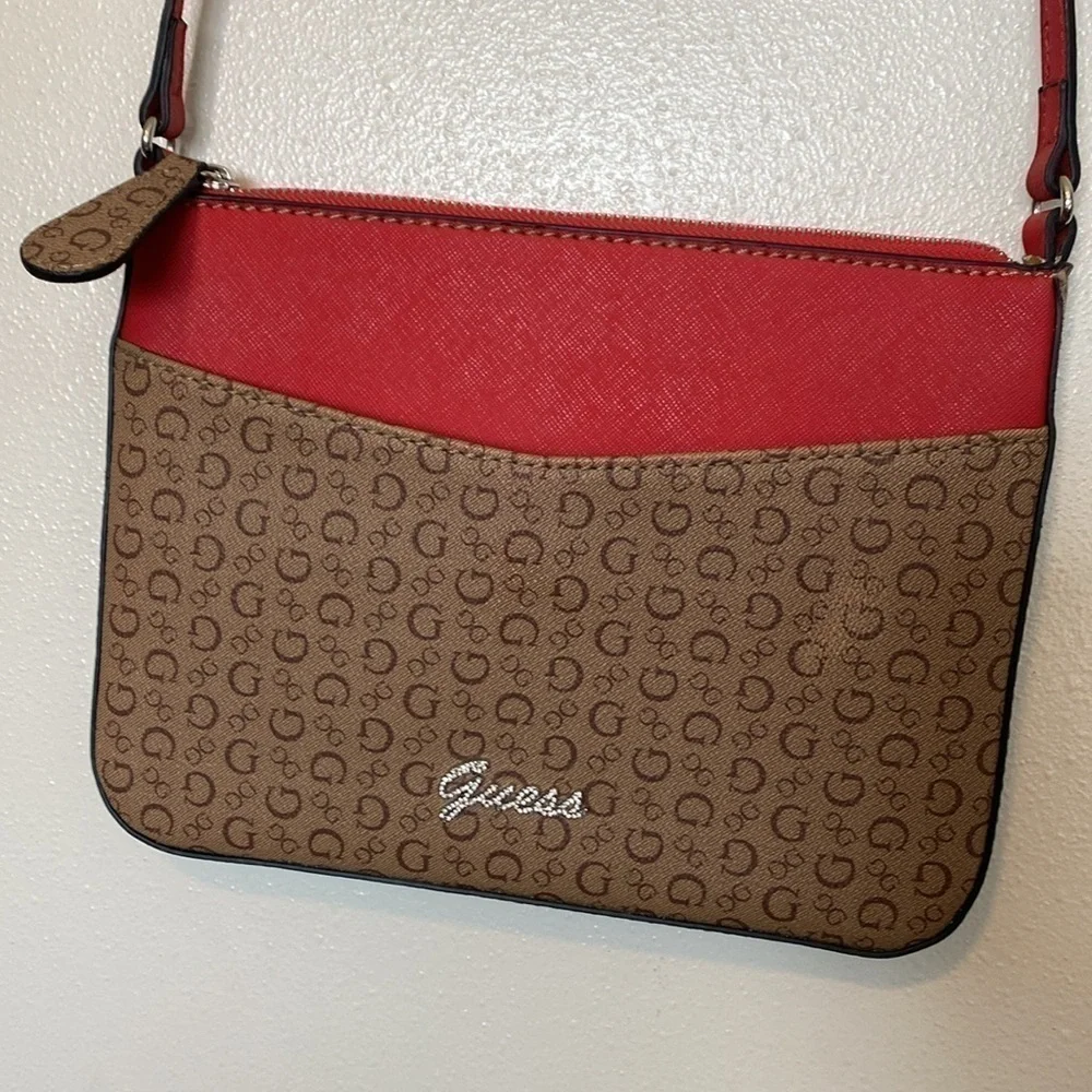 Guess red tan cross body bling two pocket zip up purse adjustable strap