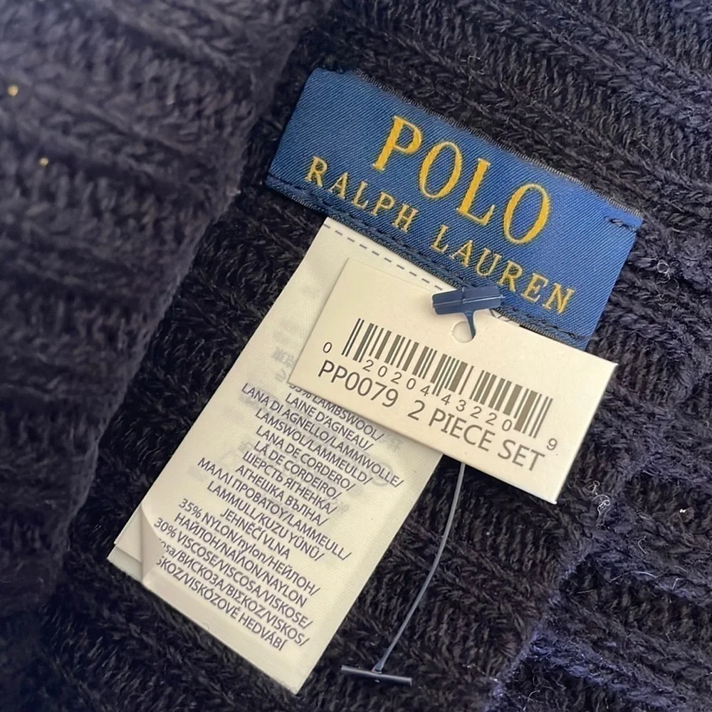 Brand New Polo Ralph Lauren 2-Piece Wool Hat & Scarf Set Navy Blue Deep Red Pony