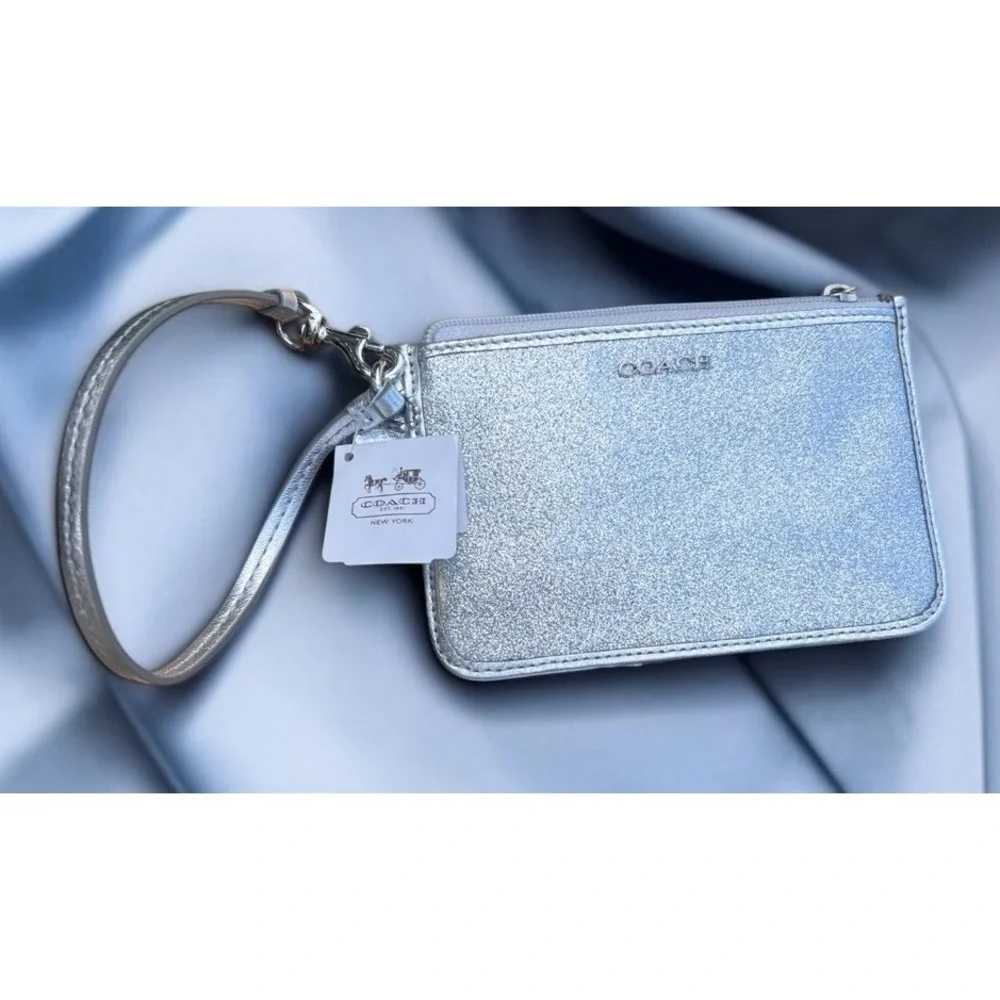 Coach Silver Metallic Glitter Leather Zip Legacy Wristlet Clutch Phone Pouch
