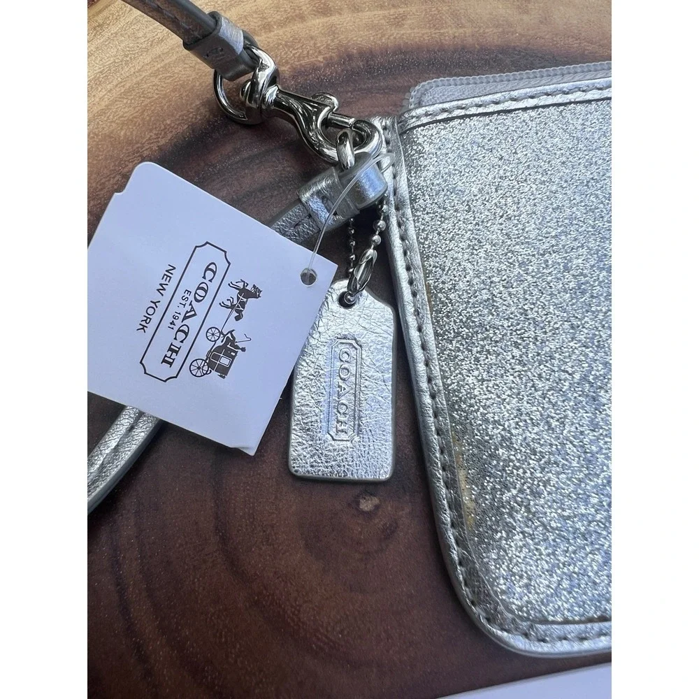 Coach Silver Metallic Glitter Leather Zip Legacy Wristlet Clutch Phone Pouch