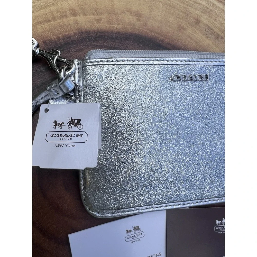 Coach Silver Metallic Glitter Leather Zip Legacy Wristlet Clutch Phone Pouch