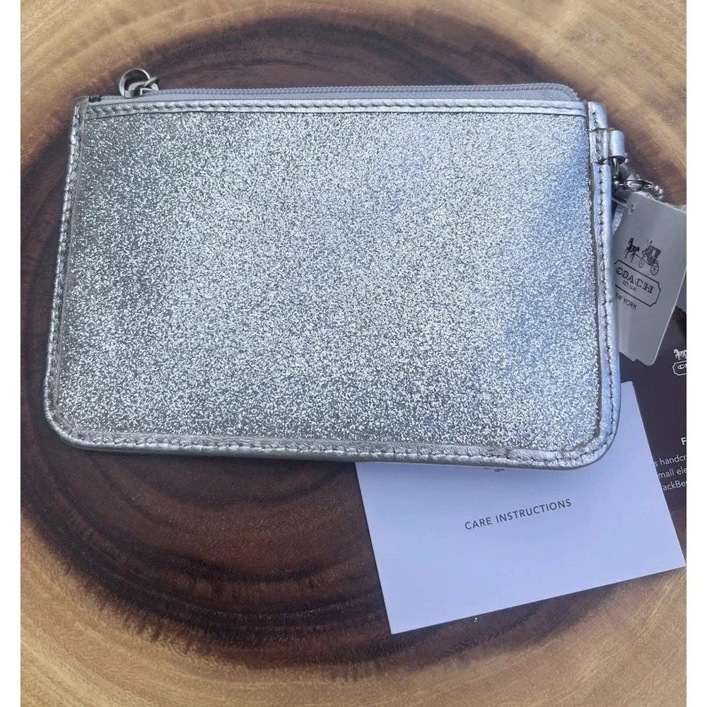Coach Silver Metallic Glitter Leather Zip Legacy Wristlet Clutch Phone Pouch