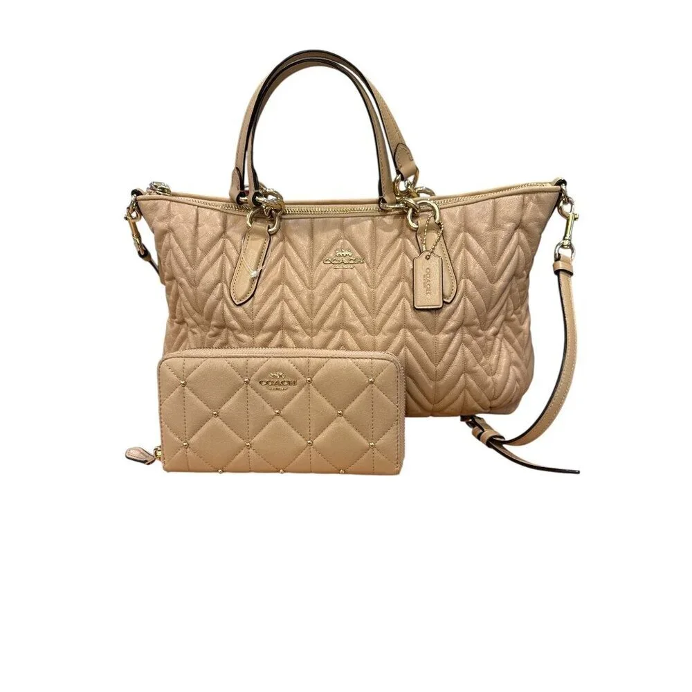 Coach Quilted Leather Satchel Bag With Matching Wallet Set In Light Tan EUC