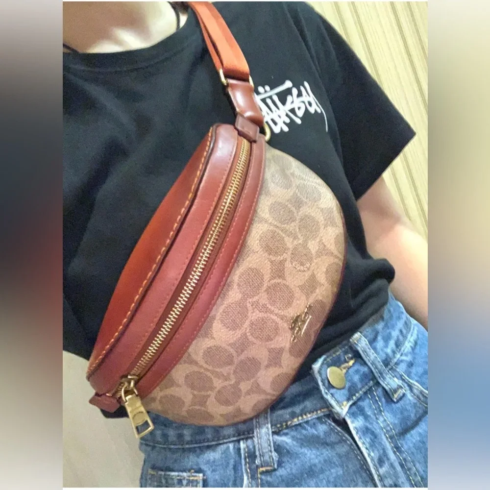 Coach Belt Bag Coated Canvas Signature Monogram Tan Rust Fanny Pack‎ 39937