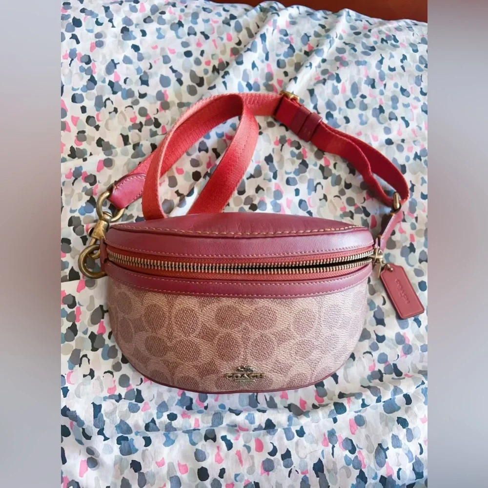 Coach Belt Bag Coated Canvas Signature Monogram Tan Rust Fanny Pack‎ 39937