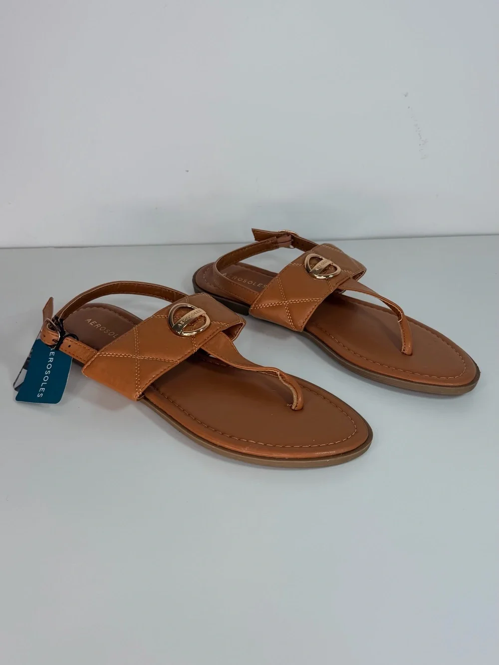 AEROSOLES Cognac/Tan Leather Thong Sandals with Gold Buckle