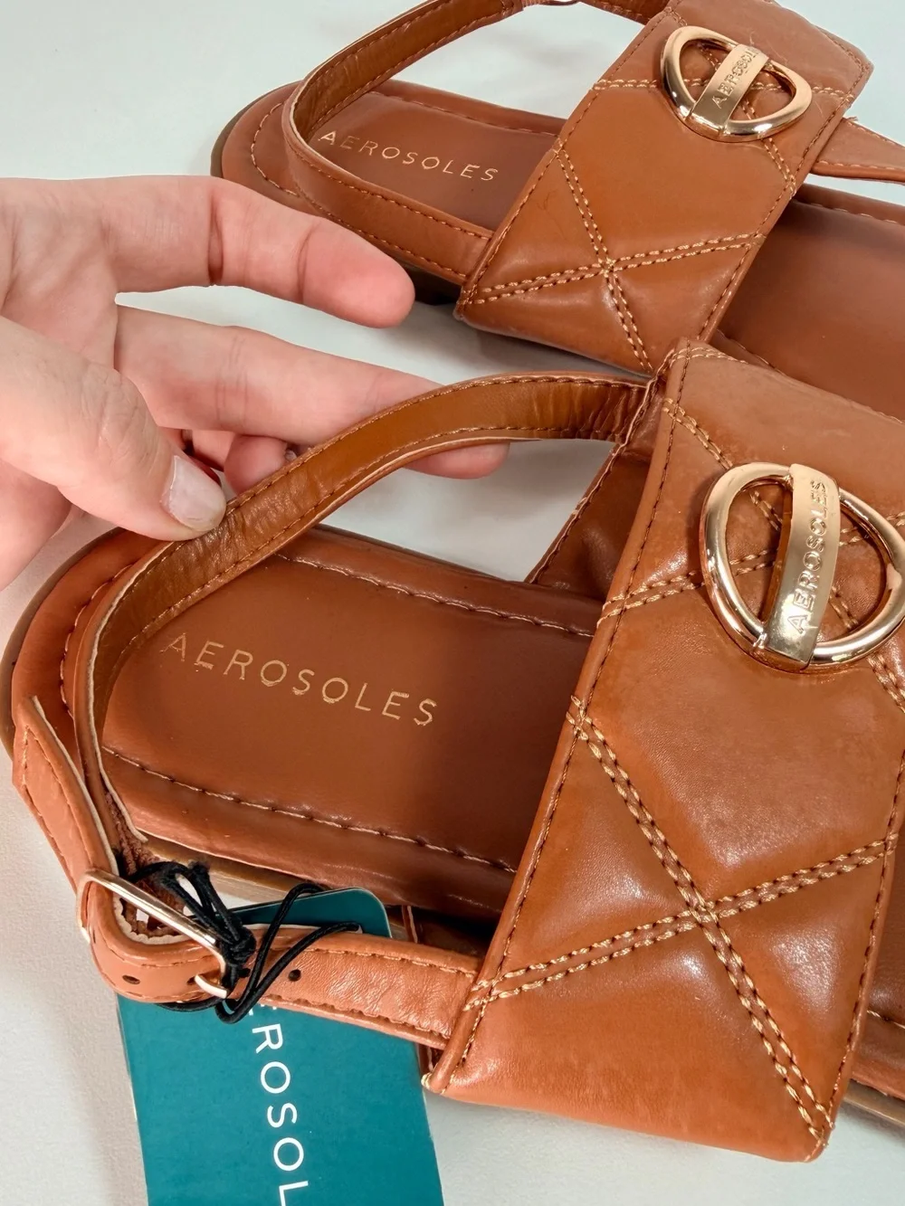 AEROSOLES Cognac/Tan Leather Thong Sandals with Gold Buckle
