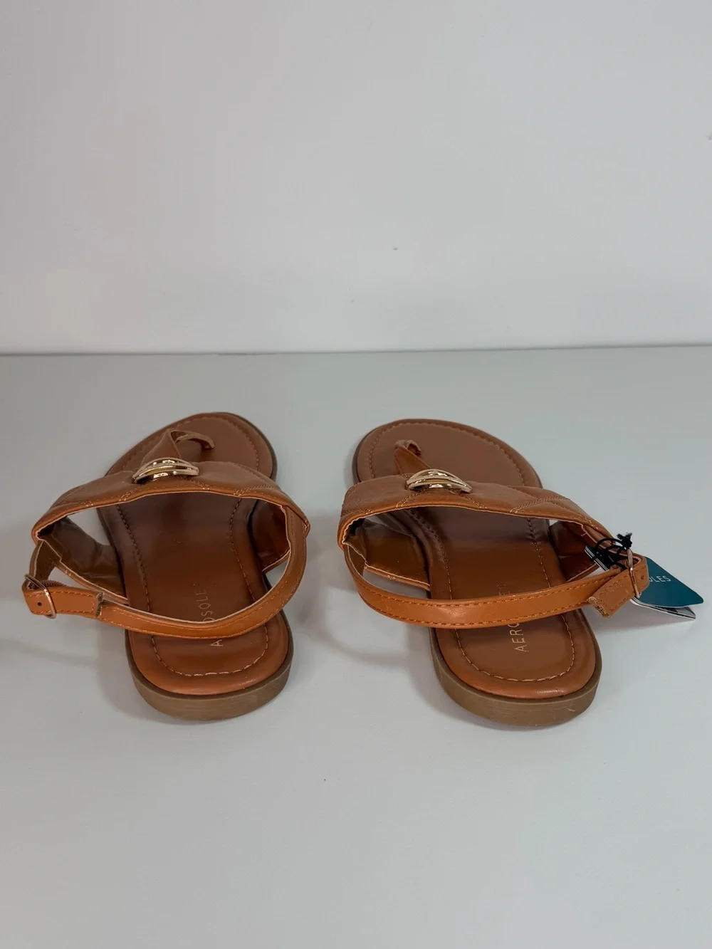 AEROSOLES Cognac/Tan Leather Thong Sandals with Gold Buckle