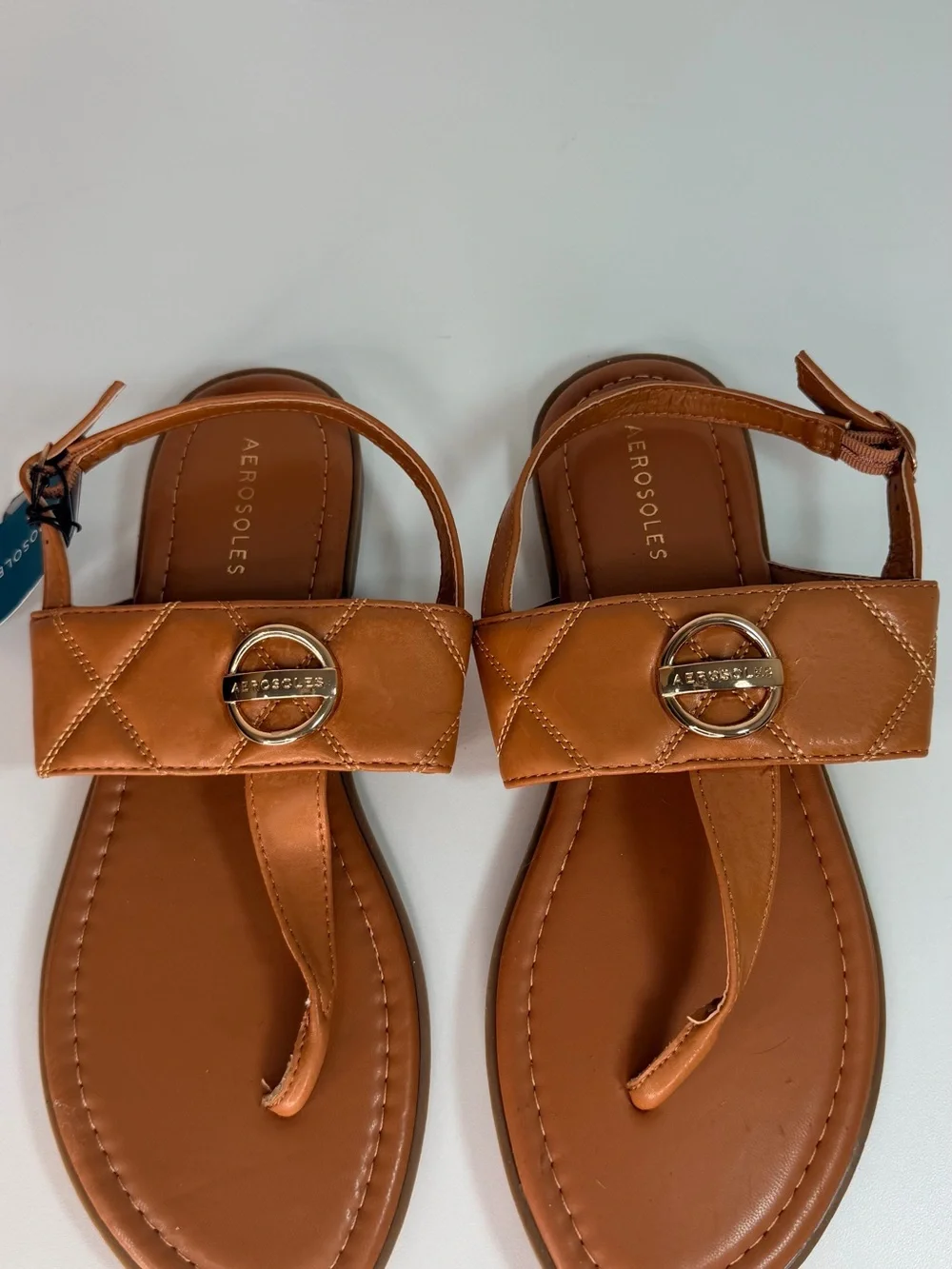 AEROSOLES Cognac/Tan Leather Thong Sandals with Gold Buckle