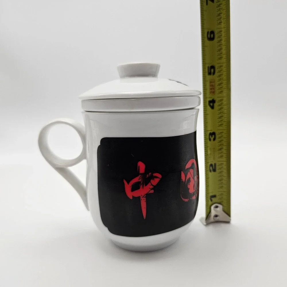 White‎ Porcelain Tea Mug with Lid and Infuser Red Chinese Characters