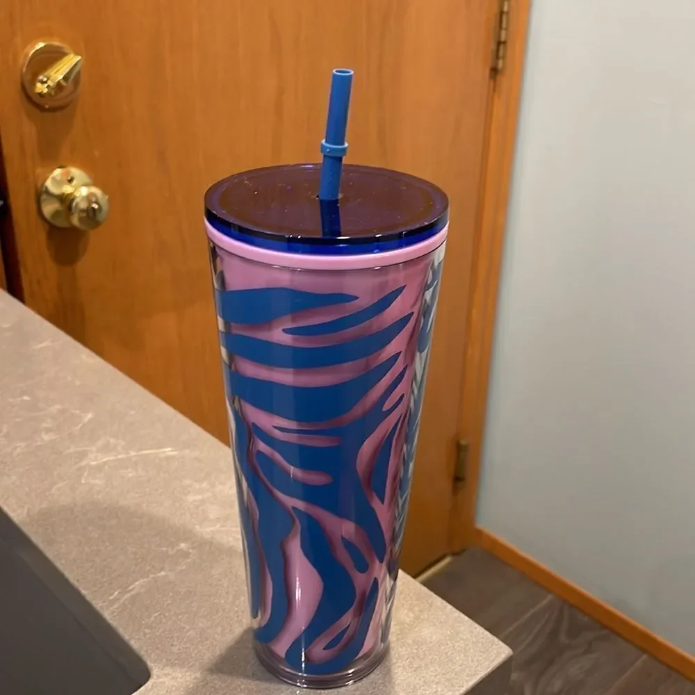 NWT Starbucks blue and pink zebra striped tumbler