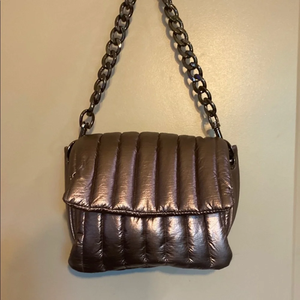 THINK ROYLN Silver Satchel with Chain Strap and Pleated Design