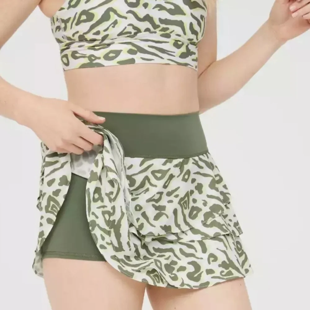 NWT Offline by Aerie Maggie Ruffle Tiered Tennis Skort Green Leopard