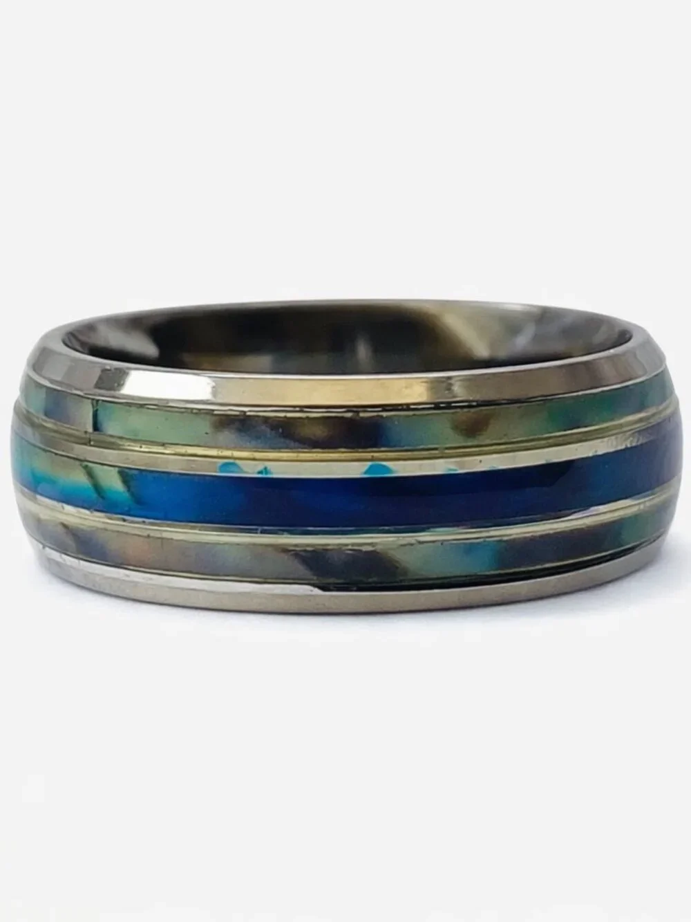 Size 9 Silver Stainless Steel Wedding Band with Blue Abalone Shell Inlay