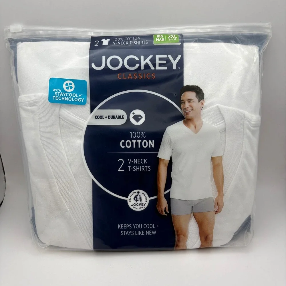 Jockey Men Big Man 2XL 50-52 V-Neck T-Shirt White 2-Pack Staycool Classic