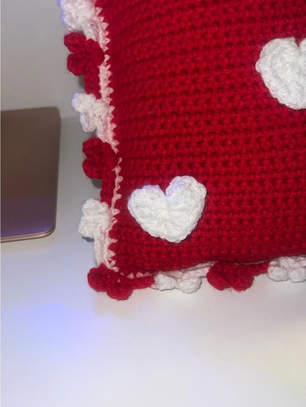 Red Crochet Heart Accent Pillow - Festive Home Holiday Cushion