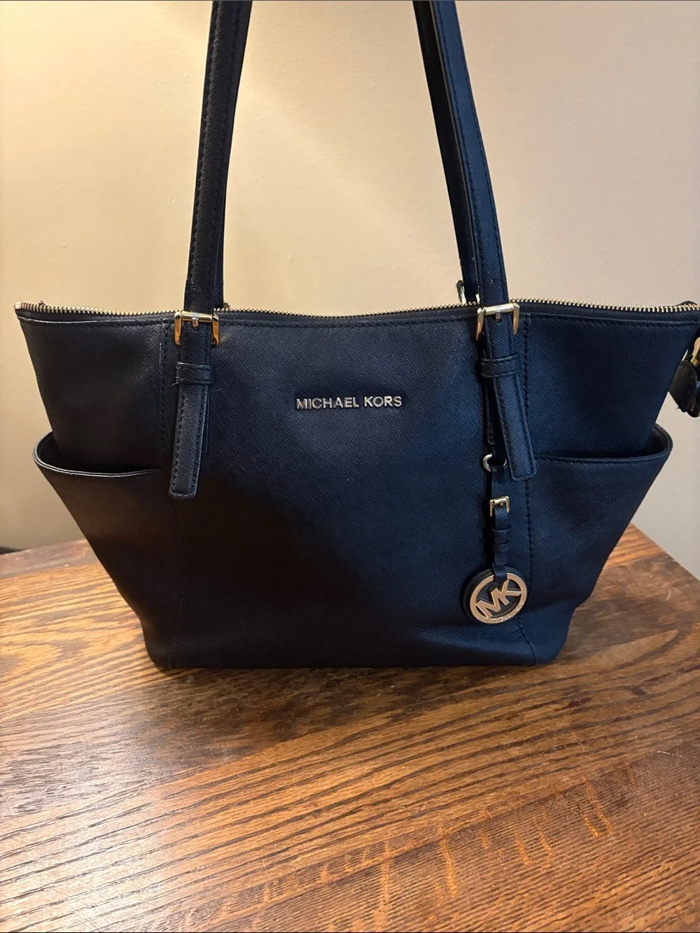 Michael Kors Navy Saffiano Leather Tote with Gold Logo Charm