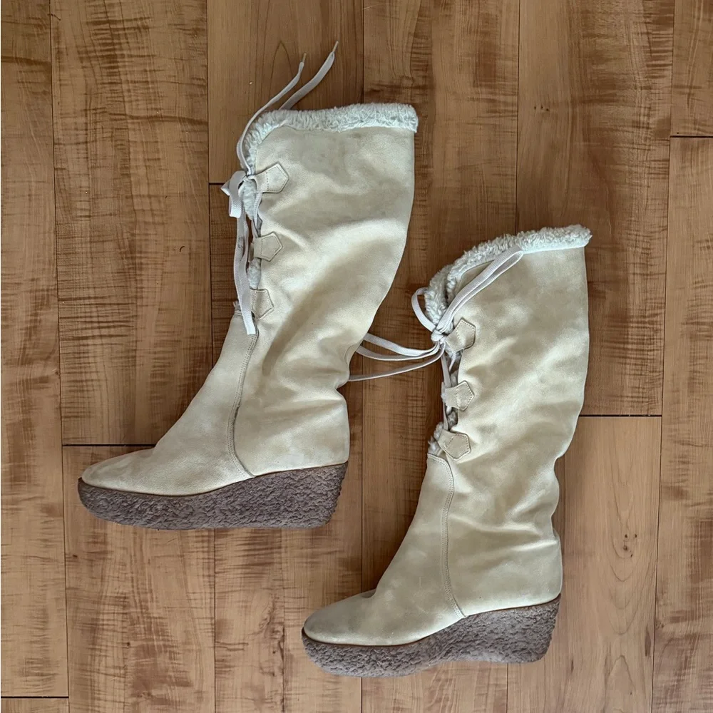 Michael Kors Genuine Suede Sherpa Lined Cozy Beige Tan Platform Wedge Boots