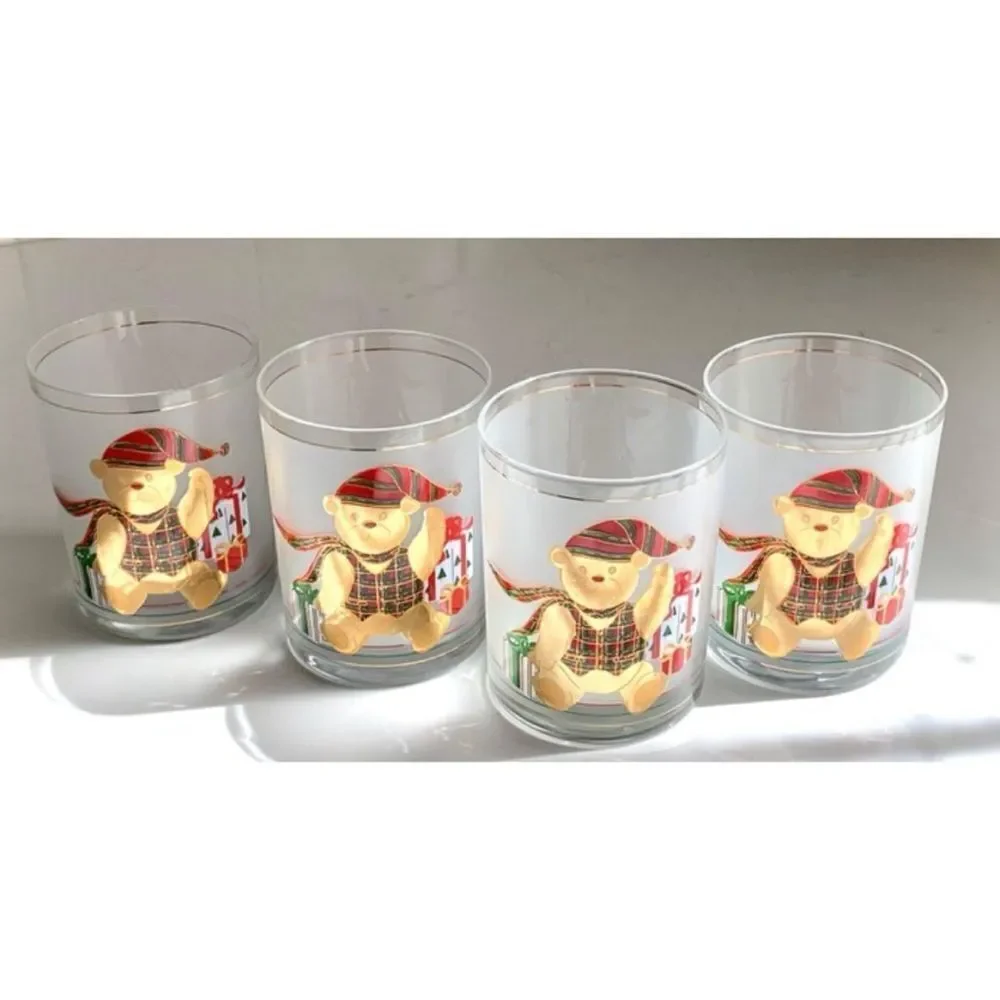 Culver 1960’s Set of 4 Yule Bear Rocks Glasses  22k Gold Christmas Teddy Bear