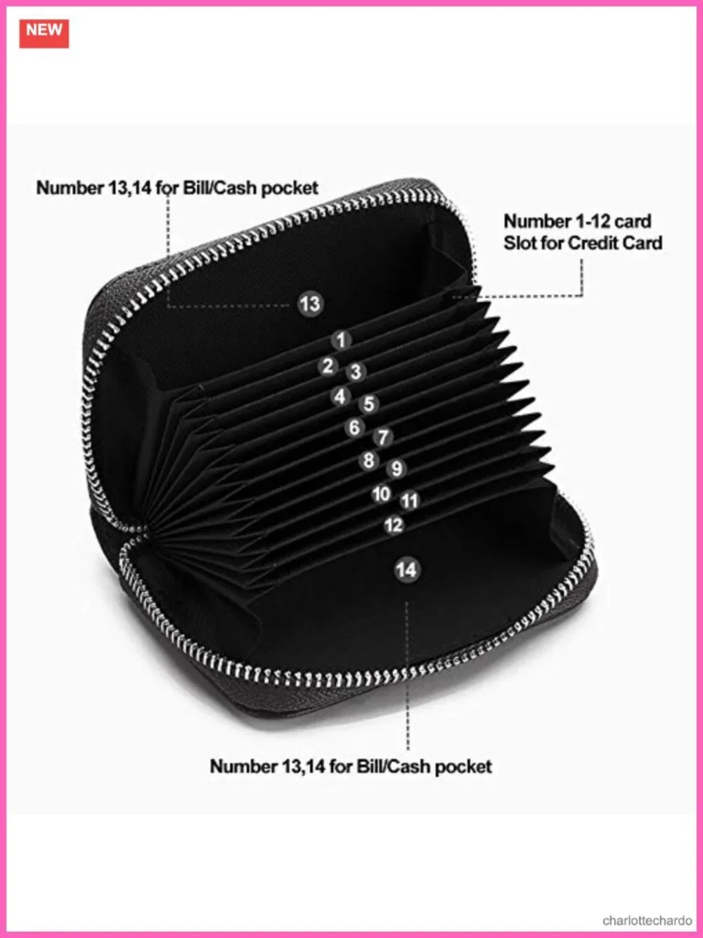 Genuine Leather RFID Blocking Credit Card Wallet with Zipper, 14 Slots