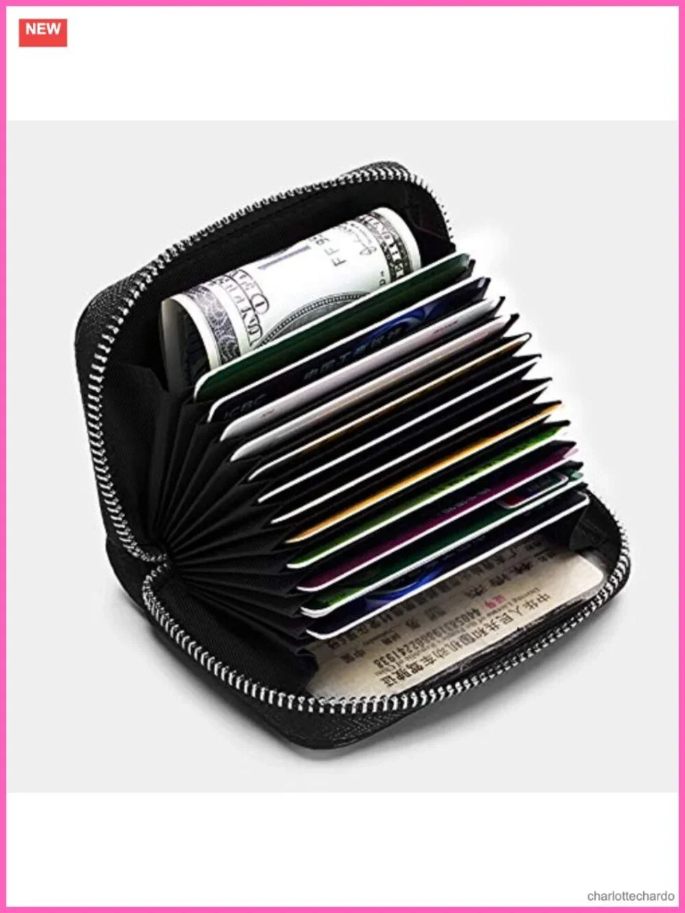 Genuine Leather RFID Blocking Credit Card Wallet with Zipper, 14 Slots