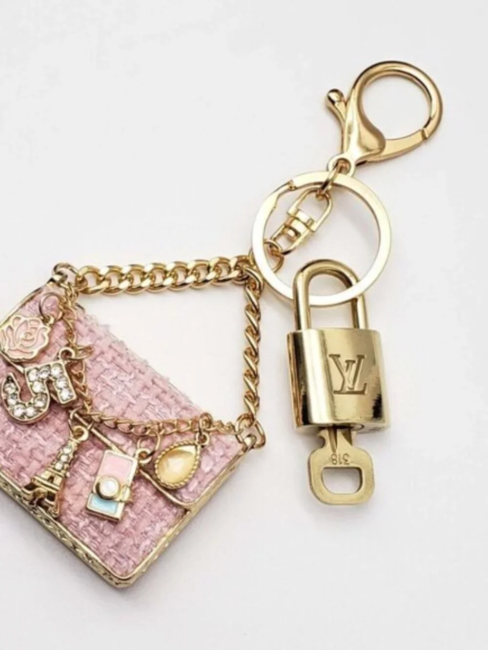 Authentic Louis Vuitton Gold Padlock 🔒 Key Set w/ Unbranded Tweed Bag Charm