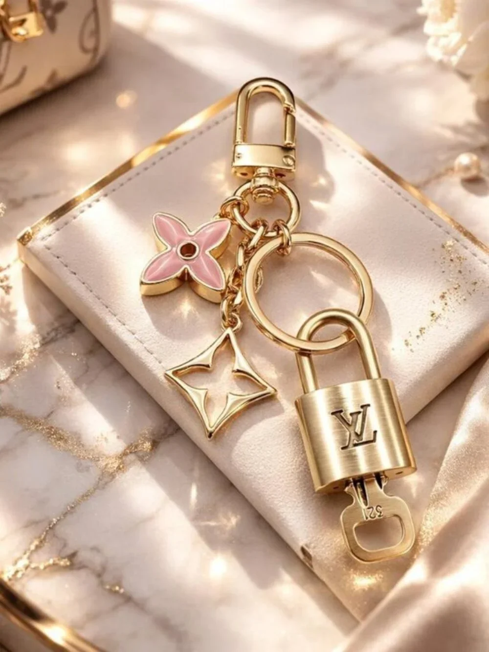 Authentic Louis Vuitton Gold Lock & Key ✨ Unbranded Flower Bag Charm Keychain