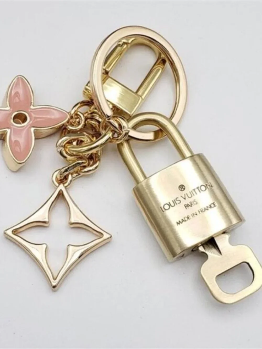 Authentic Louis Vuitton Gold Lock & Key ✨ Unbranded Flower Bag Charm Keychain