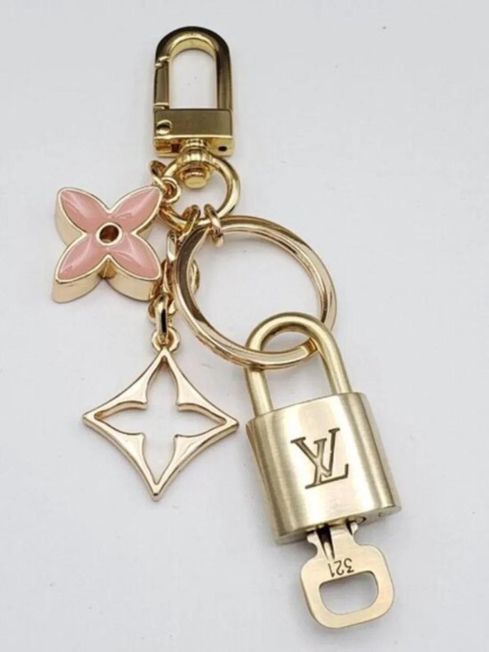 Authentic Louis Vuitton Gold Lock & Key ✨ Unbranded Flower Bag Charm Keychain