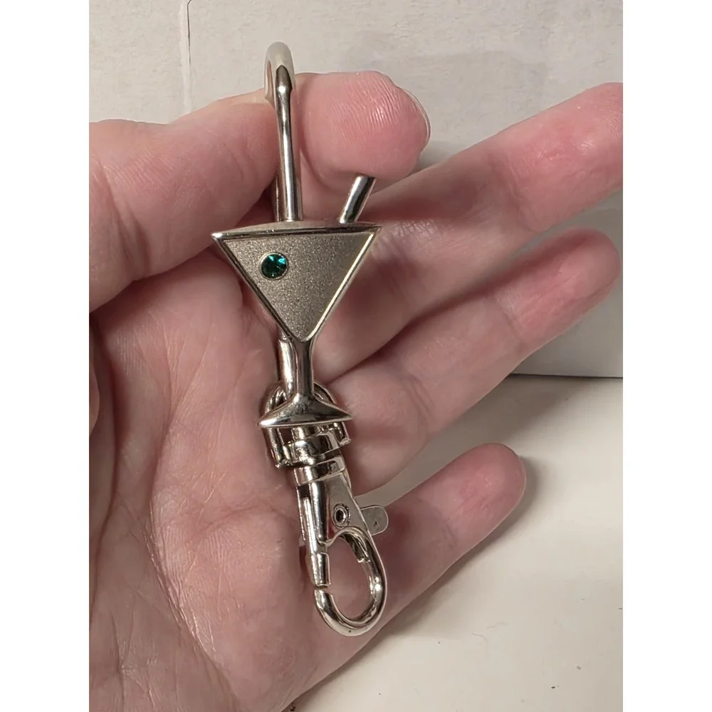 Silver J-Hook  Keyring w Martini Glass & Green Crystal Olive Motif New Other