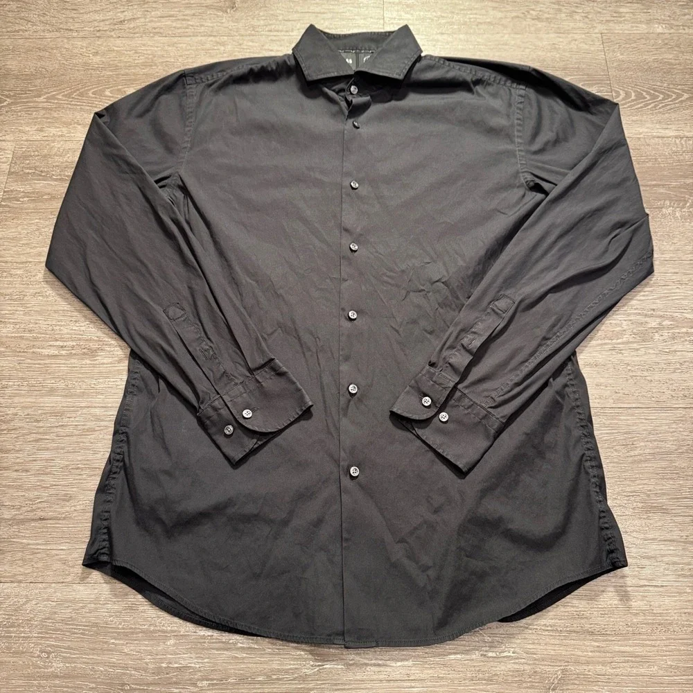 BOSS Shirt Men L 16.5 Black Performance Stretch Slim Fit Long Sleeve Cotton Hugo