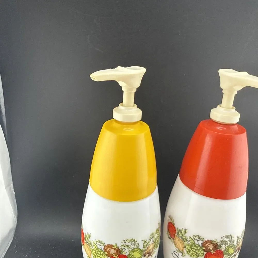 Vintage Gemco Corning Ware Spice of Life Ketchup Sauce Dispenser Pump Bottle Set