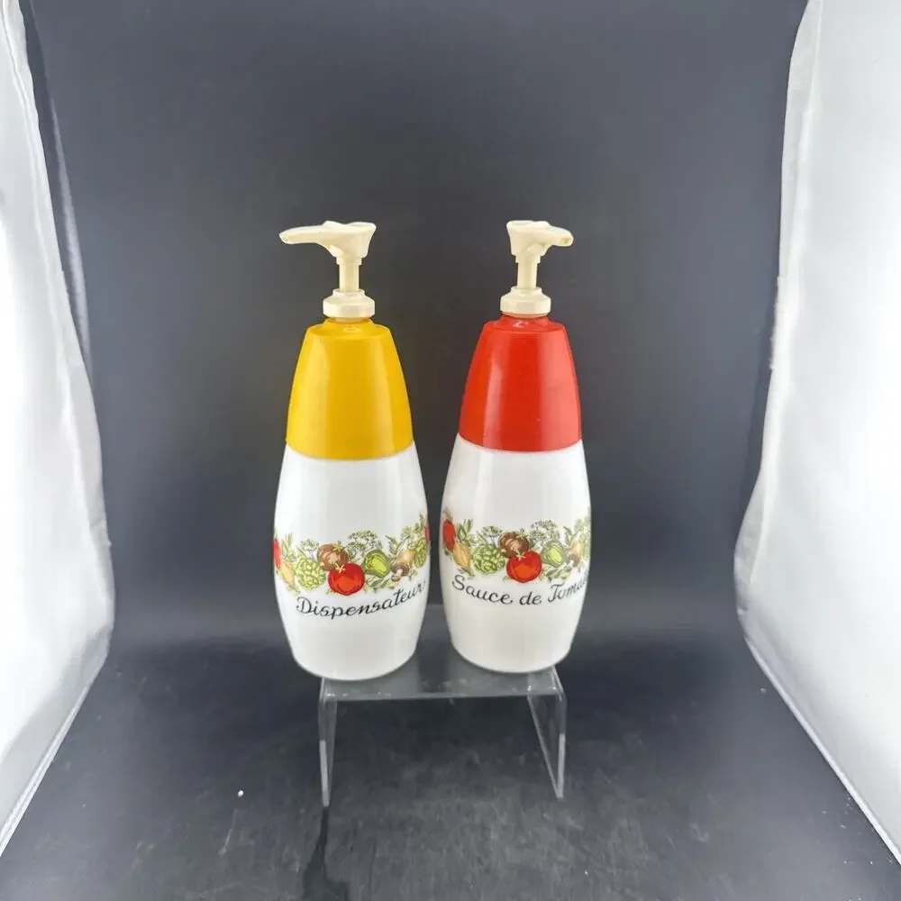 Vintage Gemco Corning Ware Spice of Life Ketchup Sauce Dispenser Pump Bottle Set