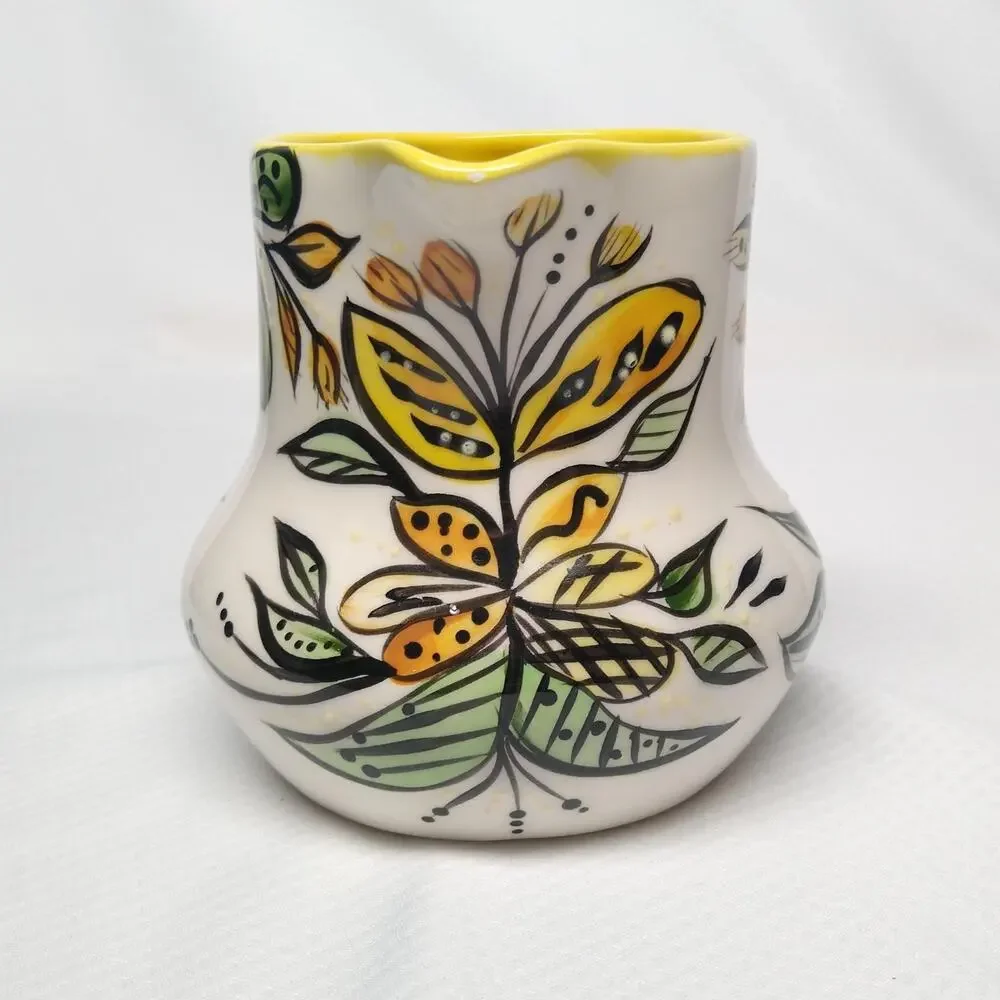 Studio Pottery Creamer Pitcher 1980 Vintage Pour Serveware Yellow Botanical 4