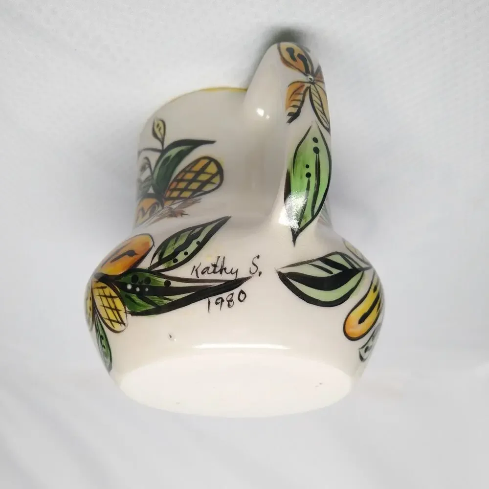 Studio Pottery Creamer Pitcher 1980 Vintage Pour Serveware Yellow Botanical 4
