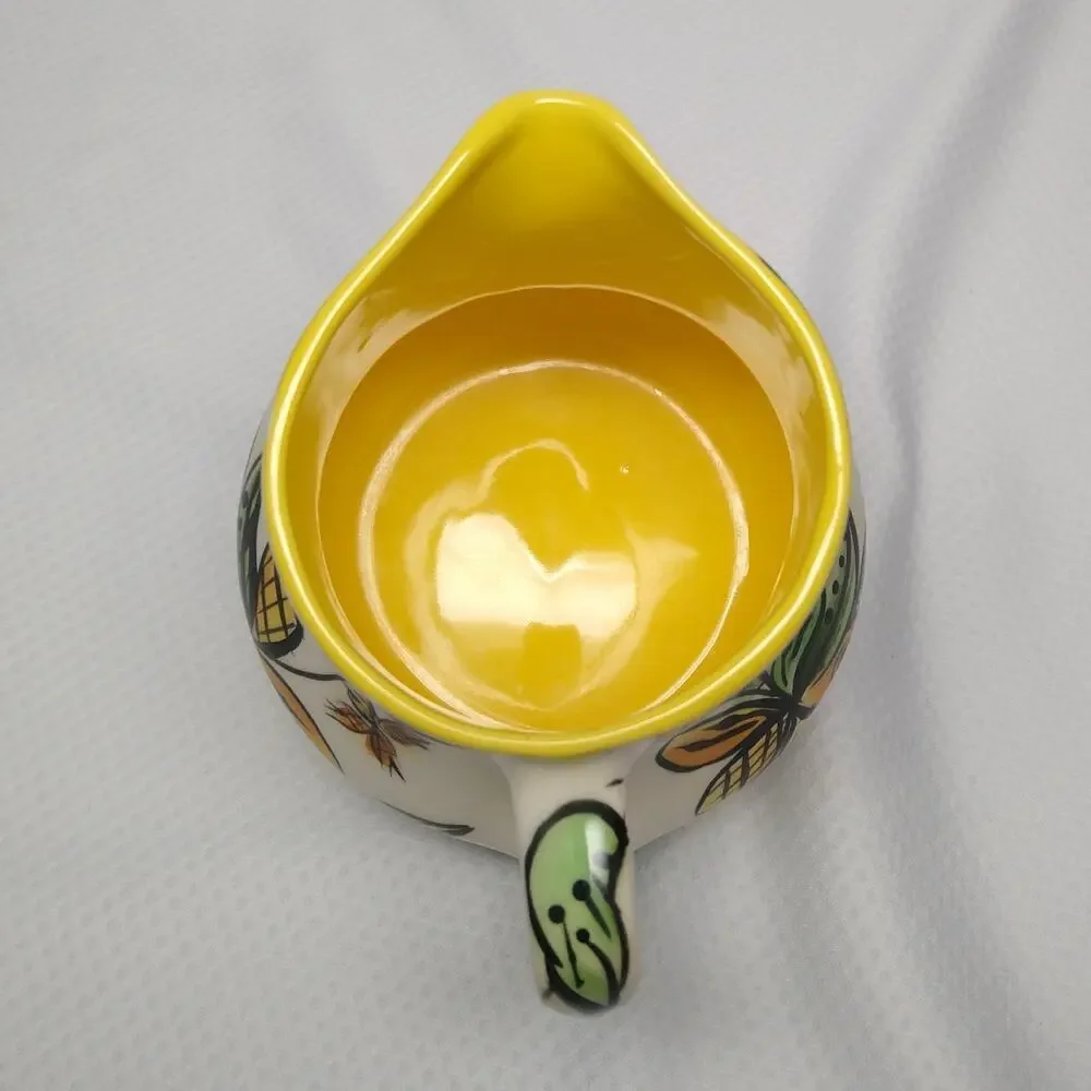 Studio Pottery Creamer Pitcher 1980 Vintage Pour Serveware Yellow Botanical 4