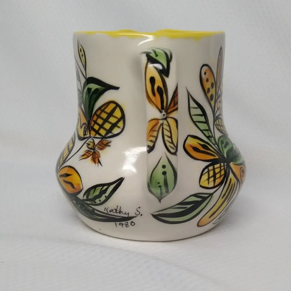Studio Pottery Creamer Pitcher 1980 Vintage Pour Serveware Yellow Botanical 4