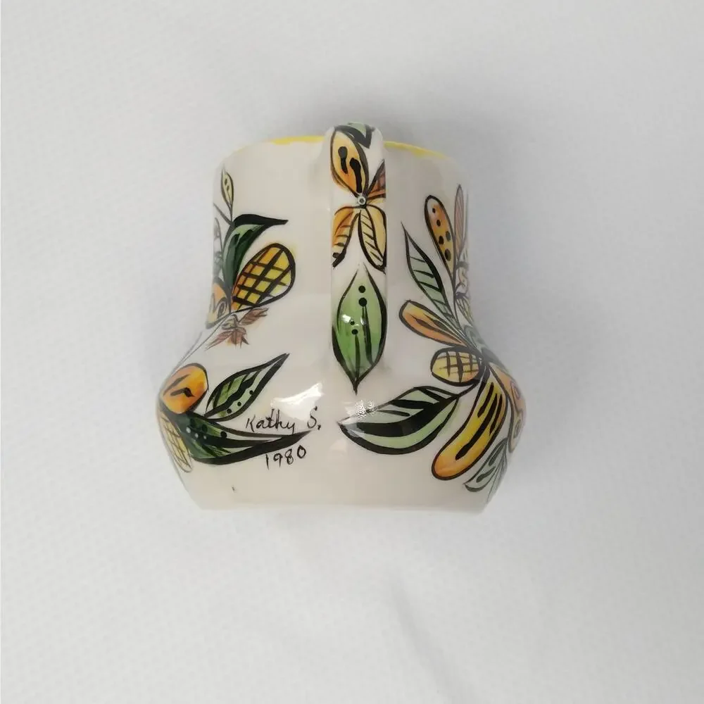 Studio Pottery Creamer Pitcher 1980 Vintage Pour Serveware Yellow Botanical 4