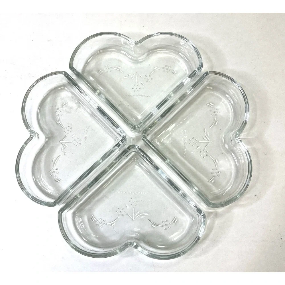 Pfaltzgraff Blossom Embossed‎ Heart Shaped Relish Tray Clover Leaf Clear Glass