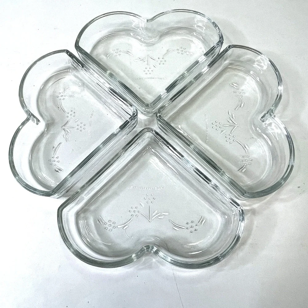 Pfaltzgraff Blossom Embossed‎ Heart Shaped Relish Tray Clover Leaf Clear Glass